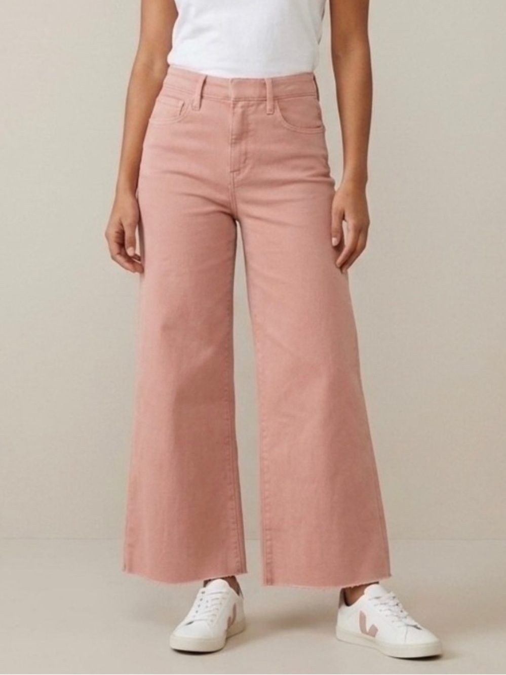 Frank & Eileen Galway Gaucho Jeans High Rise Wide Leg Cropped Denim Peach Pink 2